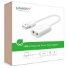 UGREEN USB külső hangkártya, 2 x 3.5mm Jack aljzat, 15cm kábellel, fehér