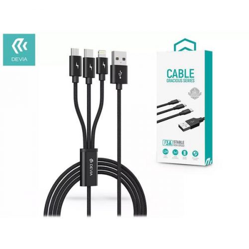 Devia 3in1 USB-A - USB Type-C + Micro USB+Lightning kábel, 1.2m, 3A, fekete